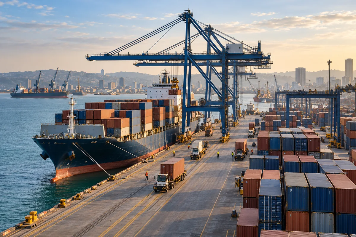 Cargo ship and container cranes at an East African port