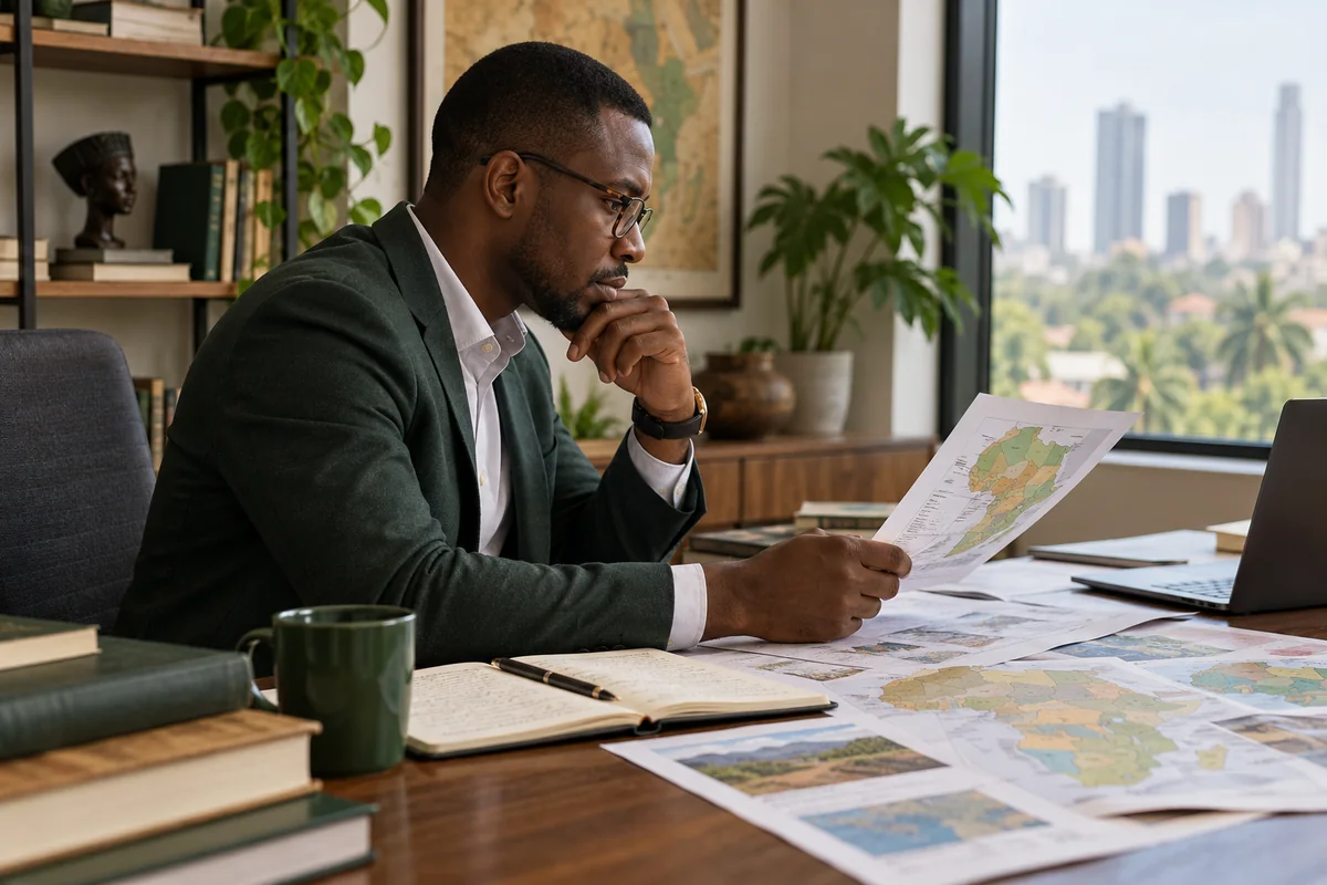An analyst reviewing regional maps and policy documents